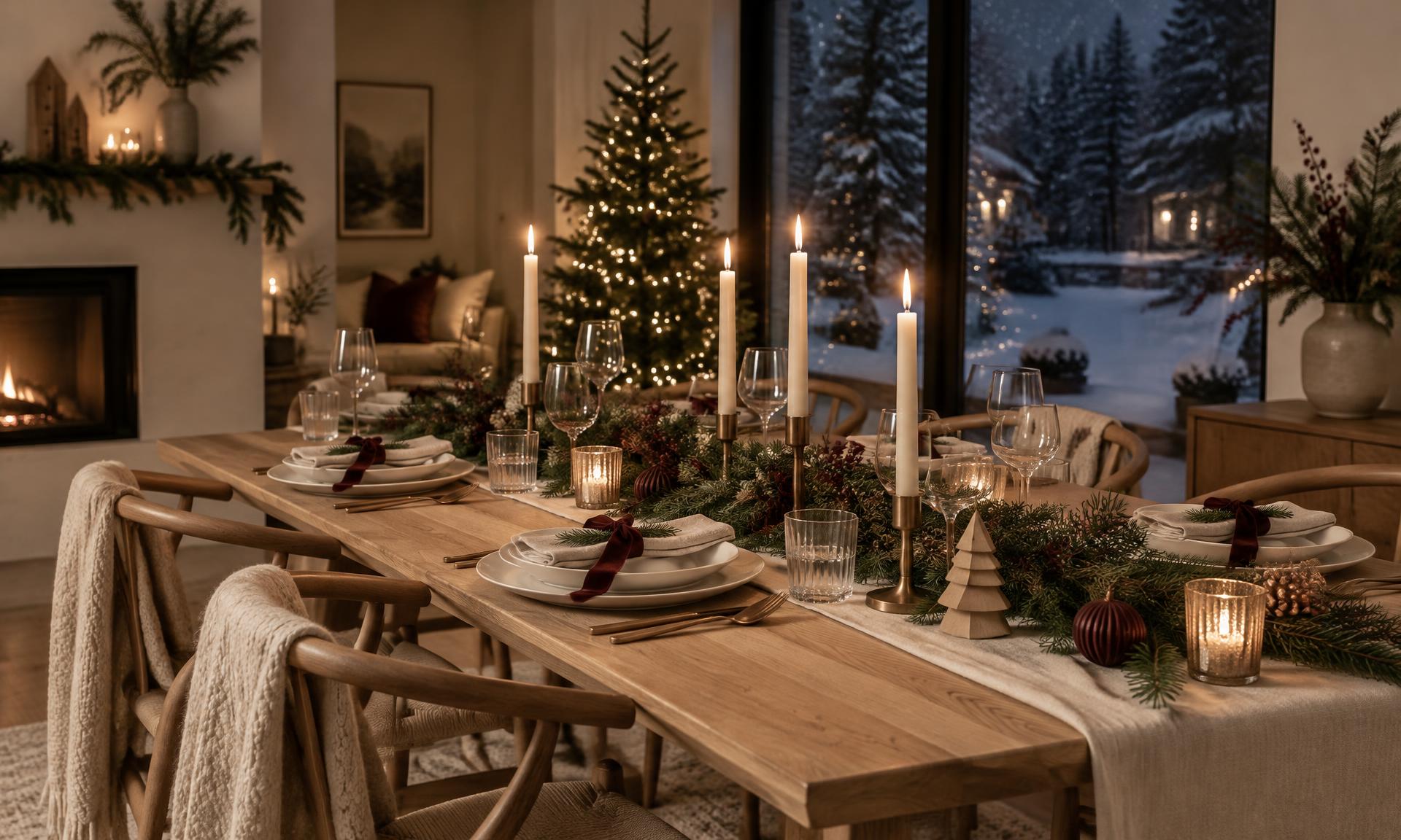 Une table des Fêtes dressée, chandelles et verdure, la neige à la fenêtre